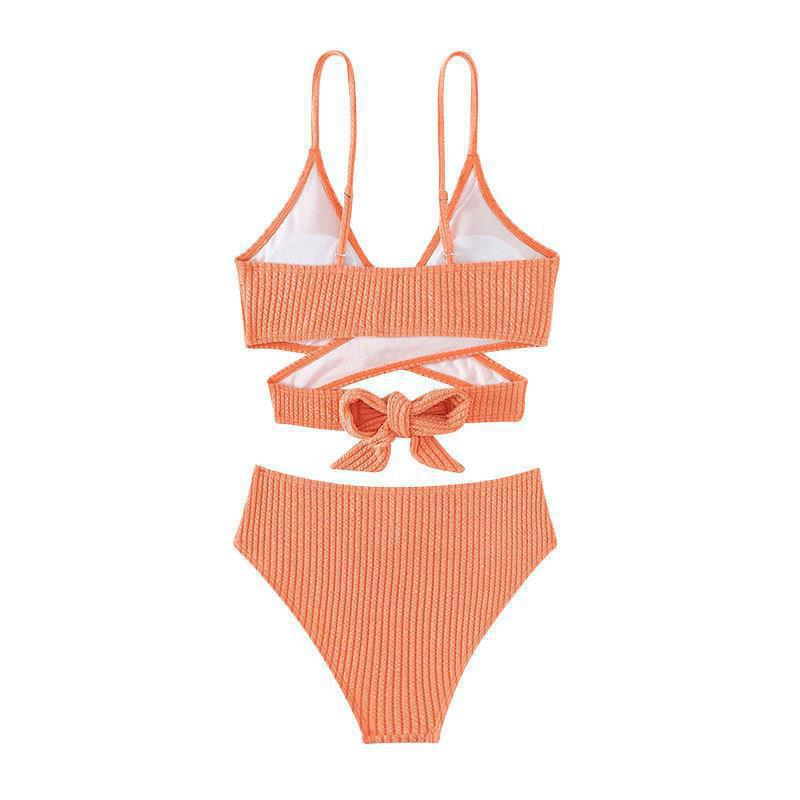 Damen Hochgeschnittener Bikini mit gekreuztem Oberteil und eleganter Rippstruktur R&B