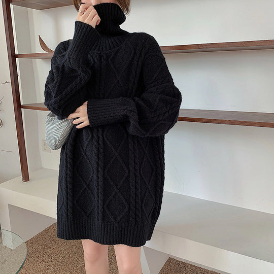 Damen Langer Strickpullover mit dickem Zopfmuster und Stehkragen R&B
