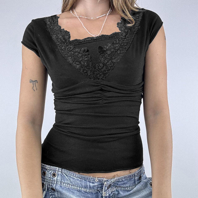 Damen elegantes Oberteil mit feinem Spitzenbesatz und Raffung R&B
