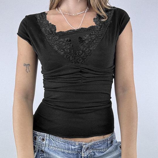 Damen elegantes Oberteil mit feinem Spitzenbesatz und Raffung R&B