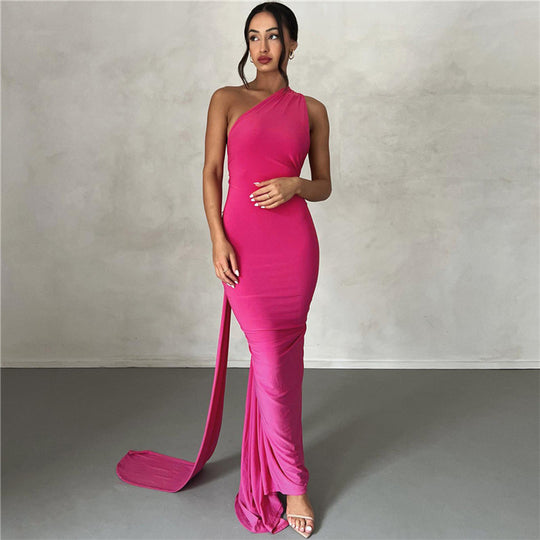 Damen Elegantes bodenlanges One-Shoulder Kleid R&B