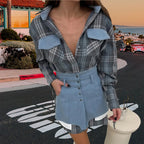 Damen Karo Hemdbluse mit Jeansrock und artisanalem Schnitt R&B