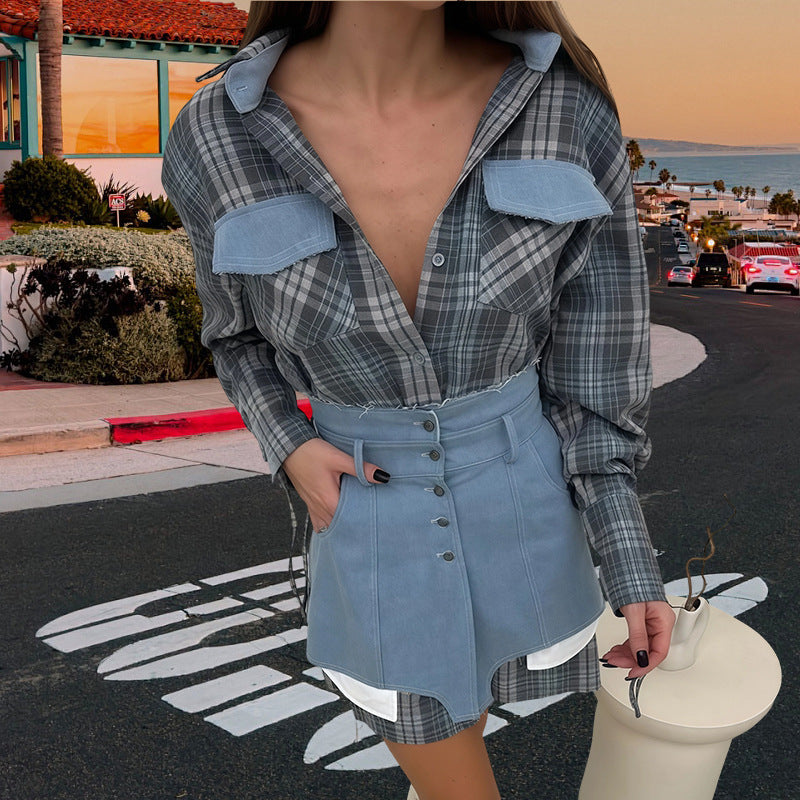 Damen Karo Hemdbluse mit Jeansrock und artisanalem Schnitt R&B