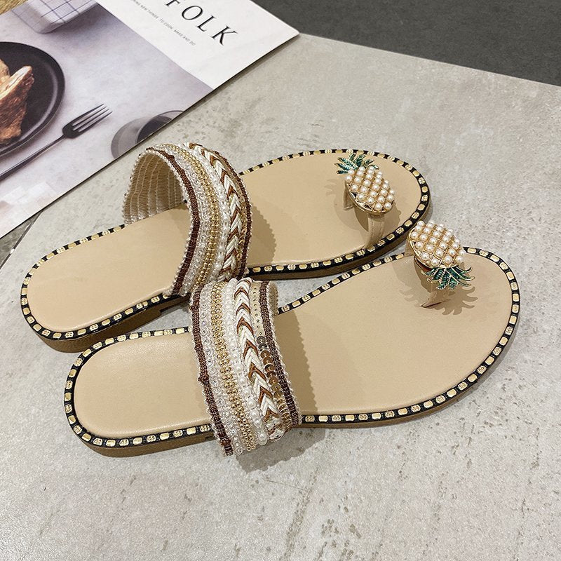Damen Riemchen-Sandalen mit dekorativem Rüschendetail und Perlenschmuck R&B