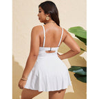 Damen Plissierter Strandkleid Badeanzug mit verstellbaren Trägern und romantischem Ausschnitt R&B