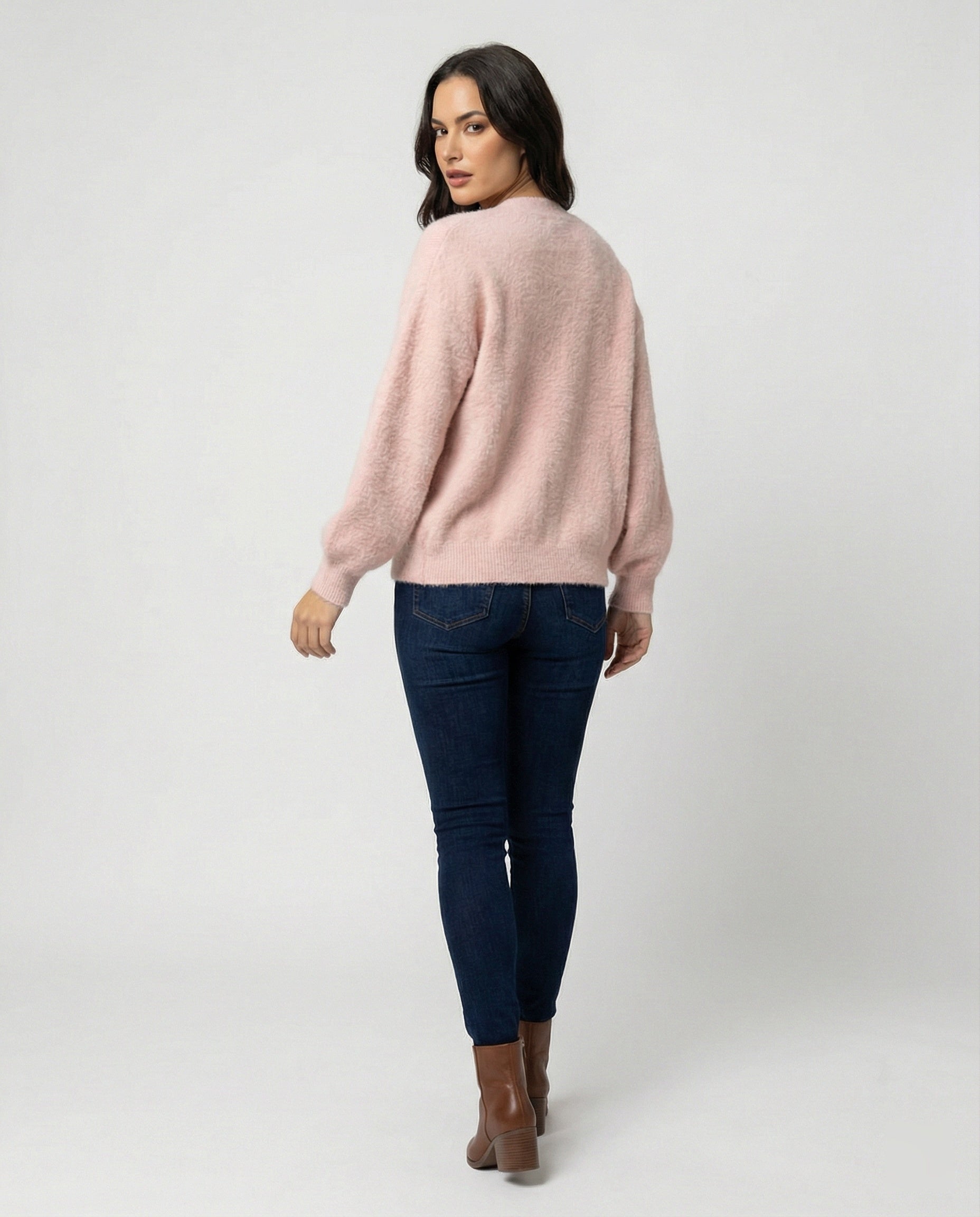 Damen flauschiger Oversize-Cardigan mit V-Ausschnitt, großer Knopfleiste, aufgesetzten Taschen und Ballonärmeln R&B