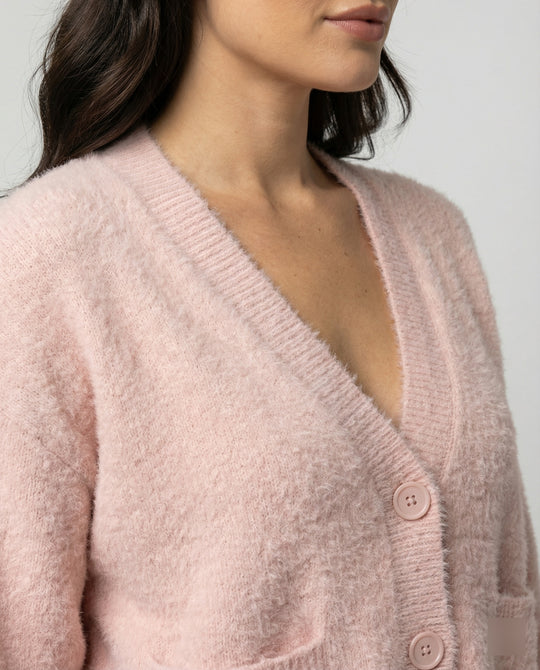 Damen flauschiger Oversize-Cardigan mit V-Ausschnitt, großer Knopfleiste, aufgesetzten Taschen und Ballonärmeln R&B