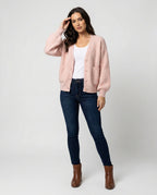 Damen flauschiger Oversize-Cardigan mit V-Ausschnitt, großer Knopfleiste, aufgesetzten Taschen und Ballonärmeln R&B