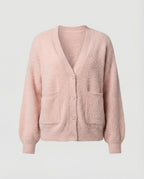 Damen flauschiger Oversize-Cardigan mit V-Ausschnitt, großer Knopfleiste, aufgesetzten Taschen und Ballonärmeln R&B