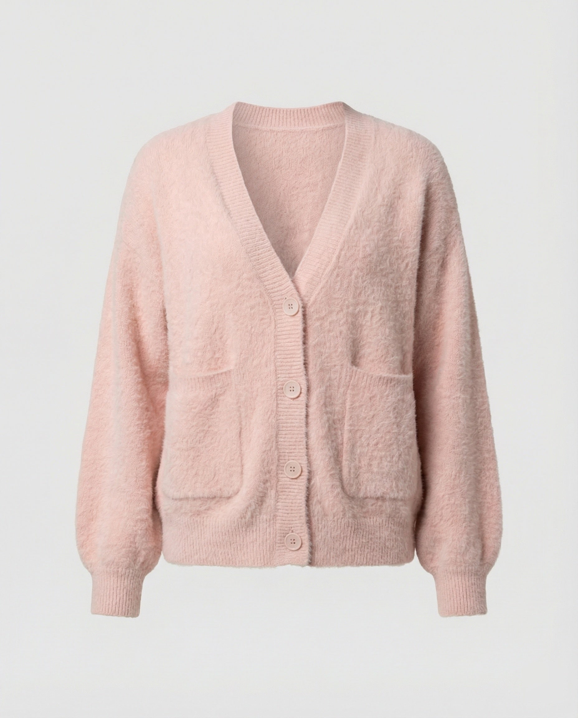 Damen flauschiger Oversize-Cardigan mit V-Ausschnitt, großer Knopfleiste, aufgesetzten Taschen und Ballonärmeln R&B