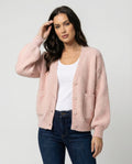 Damen flauschiger Oversize-Cardigan mit V-Ausschnitt, großer Knopfleiste, aufgesetzten Taschen und Ballonärmeln R&B