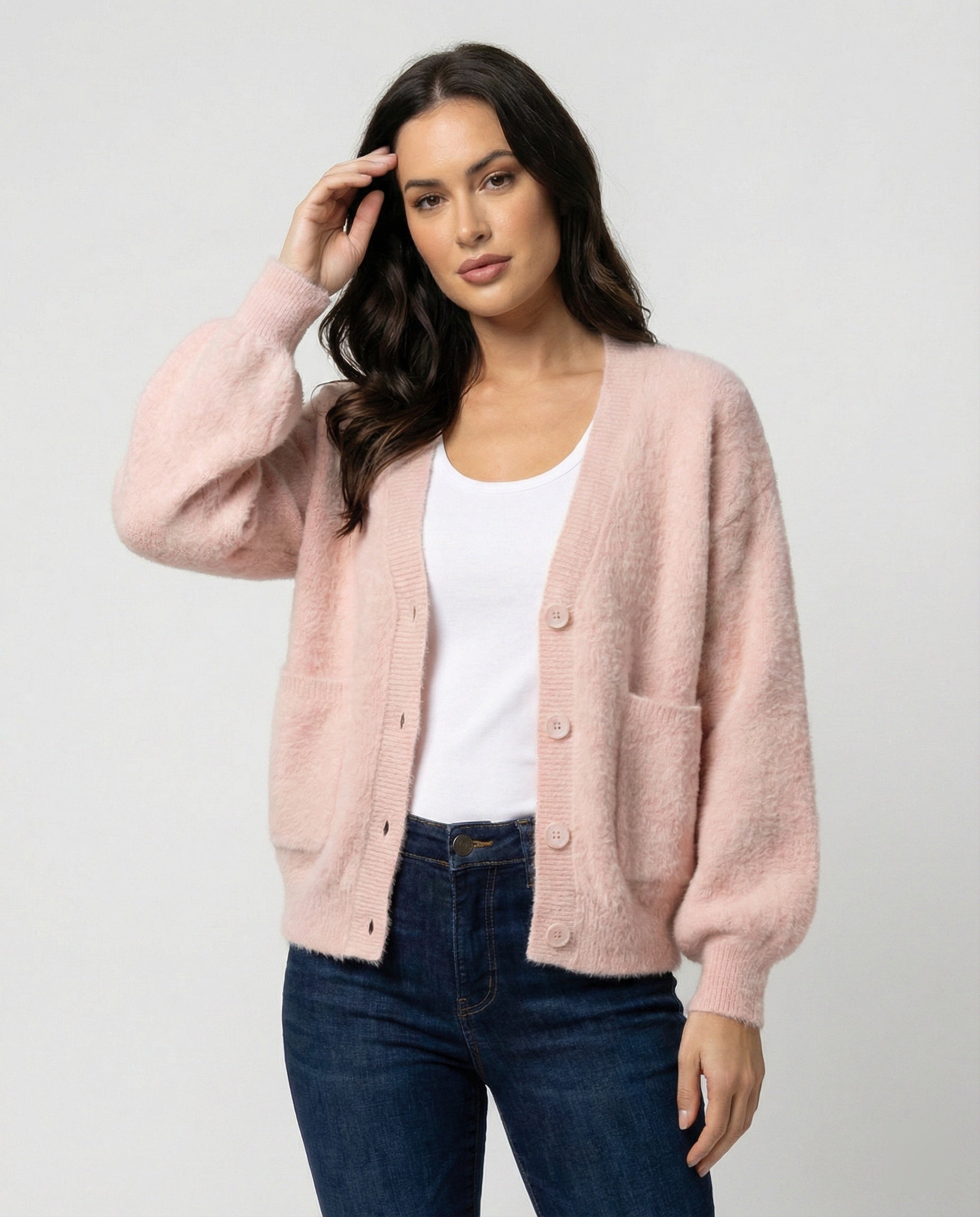 Damen flauschiger Oversize-Cardigan mit V-Ausschnitt, großer Knopfleiste, aufgesetzten Taschen und Ballonärmeln R&B