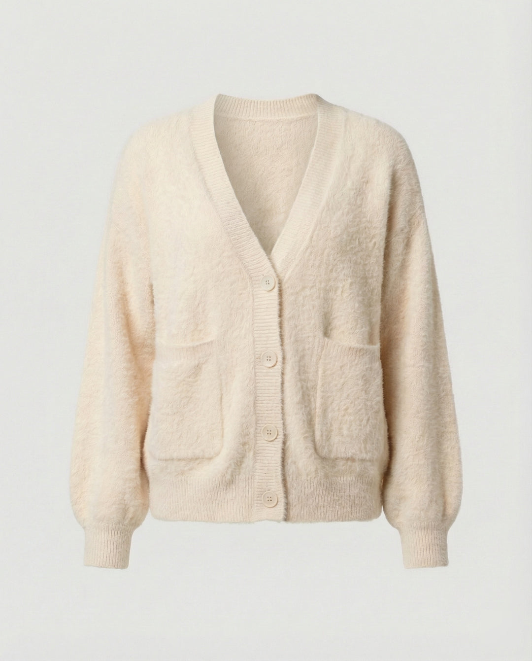 Damen flauschiger Oversize-Cardigan mit V-Ausschnitt, großer Knopfleiste, aufgesetzten Taschen und Ballonärmeln R&B