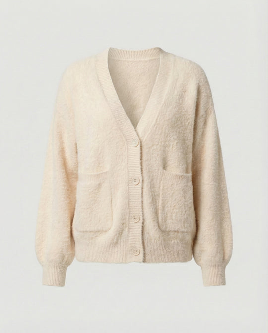 Damen flauschiger Oversize-Cardigan mit V-Ausschnitt, großer Knopfleiste, aufgesetzten Taschen und Ballonärmeln R&B