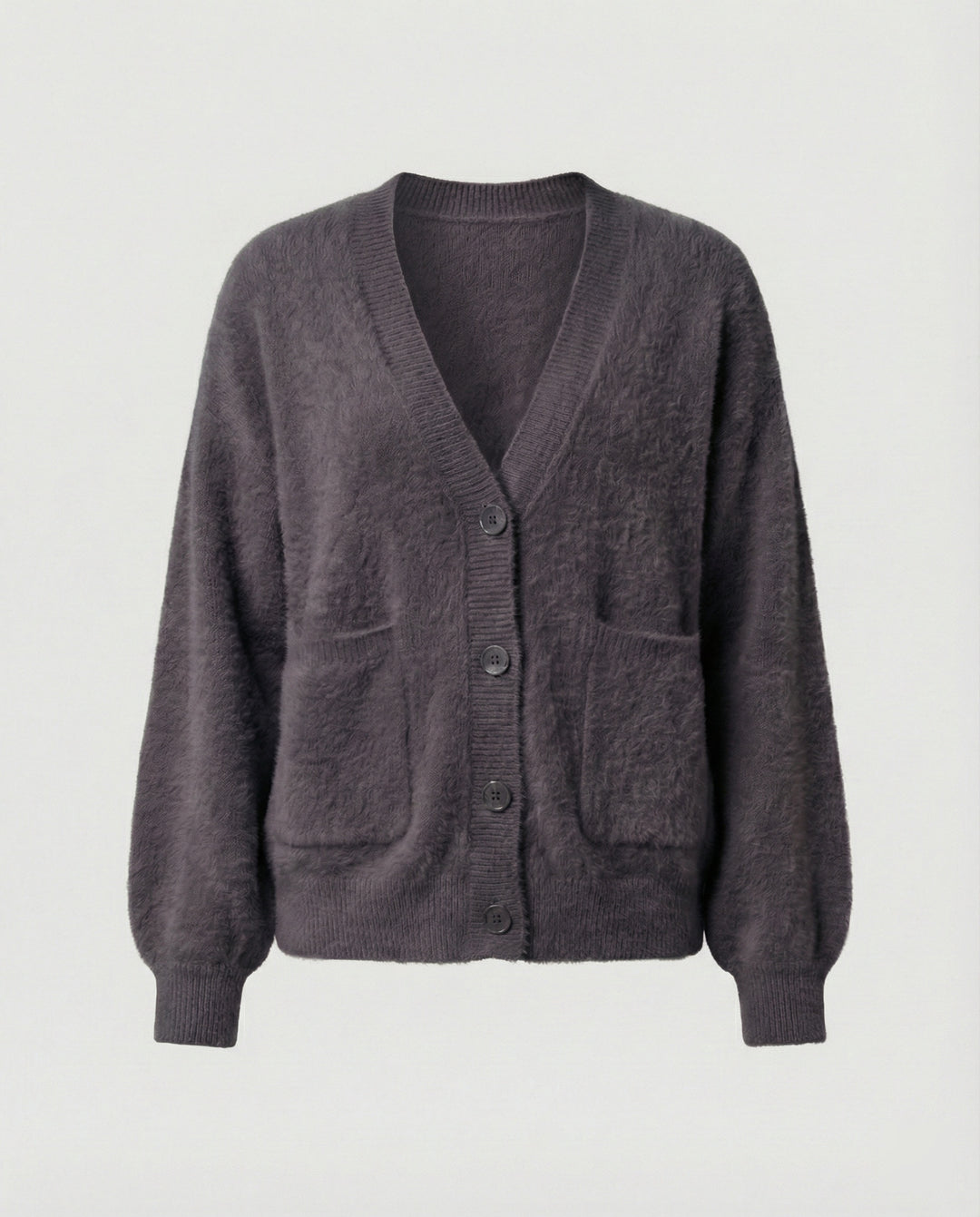 Damen flauschiger Oversize-Cardigan mit V-Ausschnitt, großer Knopfleiste, aufgesetzten Taschen und Ballonärmeln R&B
