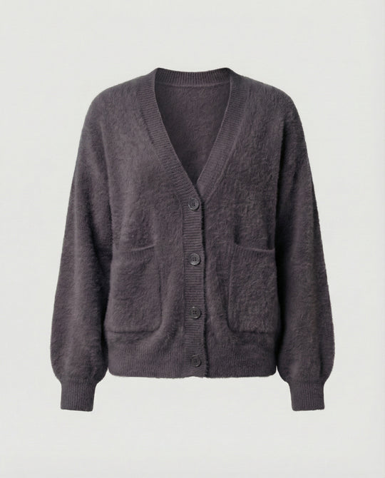 Damen flauschiger Oversize-Cardigan mit V-Ausschnitt, großer Knopfleiste, aufgesetzten Taschen und Ballonärmeln R&B