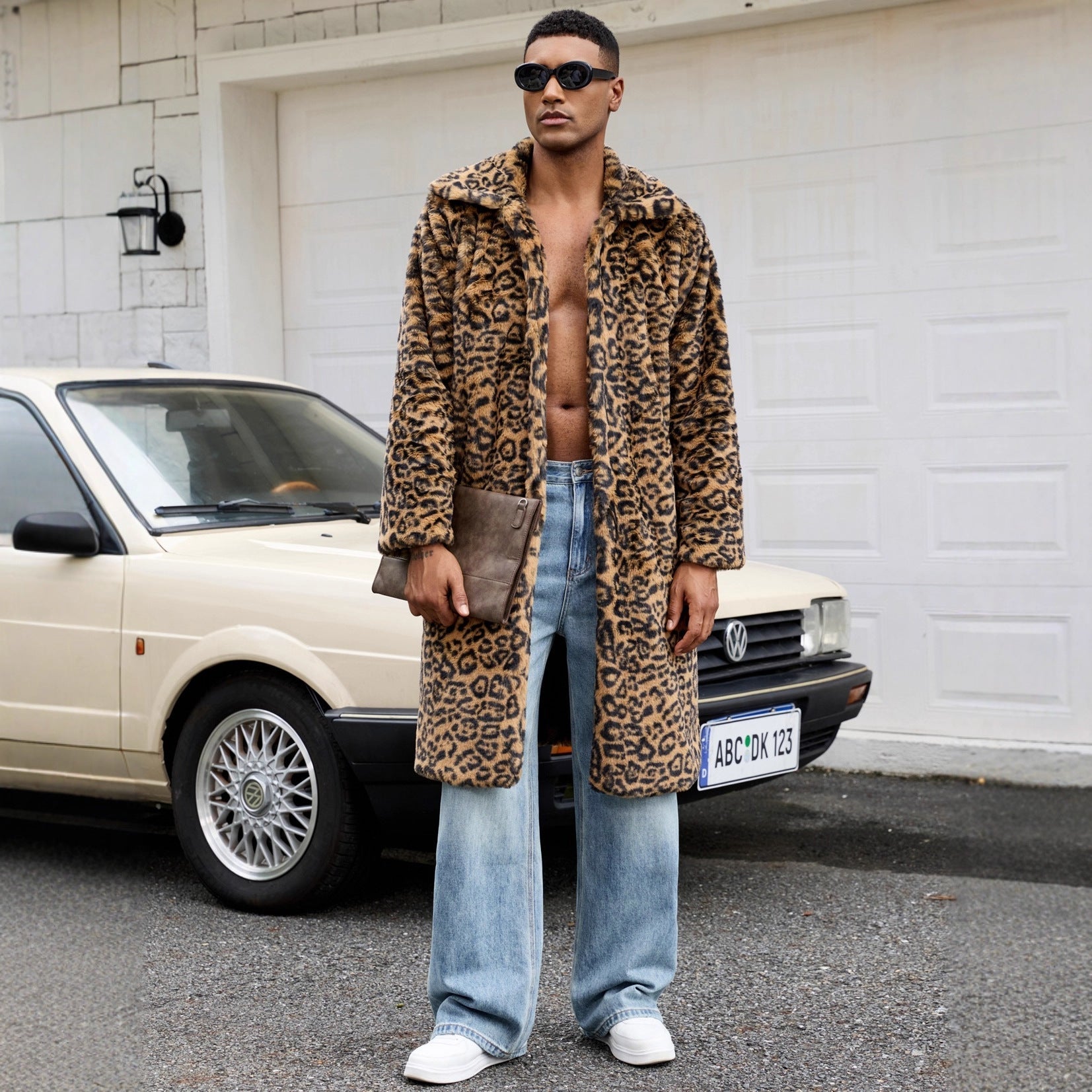 Herren Luxus Kunstpelzmantel mit Leopardenmuster R&B