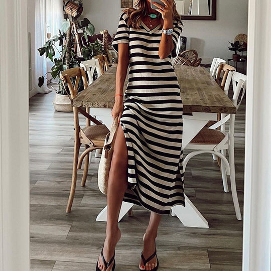 Damen Maxikleid mit verführerischem V-Ausschnitt und seitlichem Schlitz R&B
