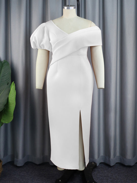 Damen Elegantes, figurbetontes Abendkleid mit asymmetrischem Ausschnitt und Puffärmeln R&B