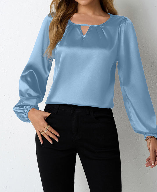 Damen elegante Satinbluse mit verspieltem Schlüsselausschnitt R&B