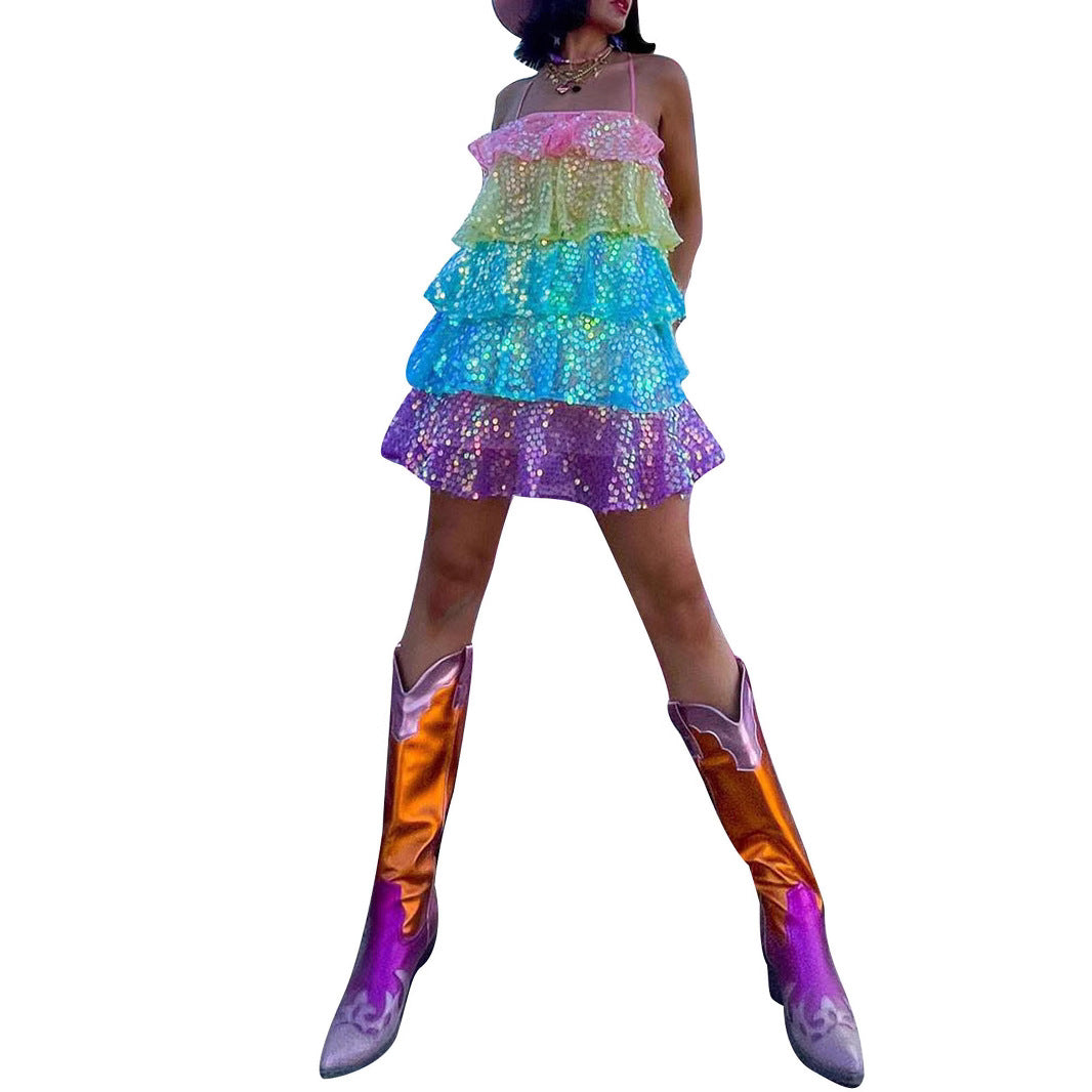 Damen luftiges Sommerkleid mit buntem Paillettenmuster R&B