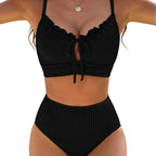 Damen hoch tailliertes Bikini-Set mit Rüschendetails und verstellbaren Trägern R&B