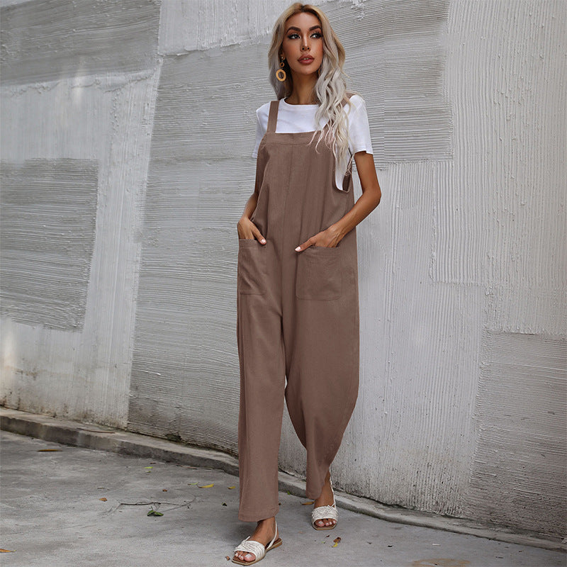 Damen Lässiger Jumpsuit mit praktischen Taschen und verstellbaren Trägern R&B