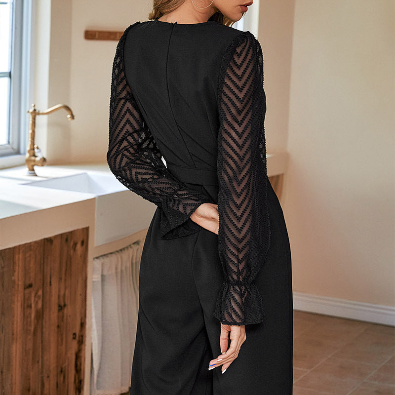 Damen Eleganter Jumpsuit mit transparenten Ärmeln und knielangem Schnitt R&B