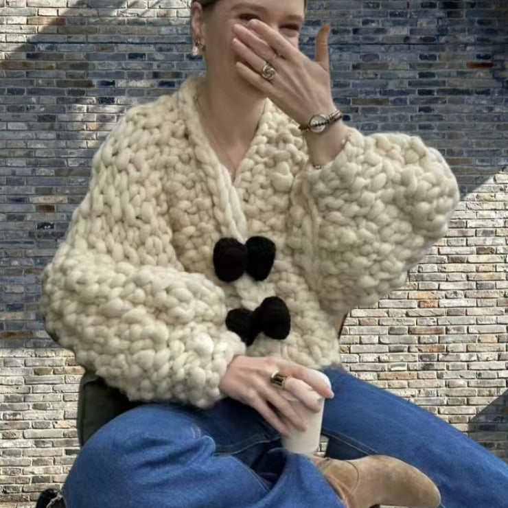 Damen Kuschelige Strickjacke mit Großen Knöpfen R&B