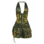 Damen Halterneck Mini-Kleid mit Raffung und verziertem Saum R&B