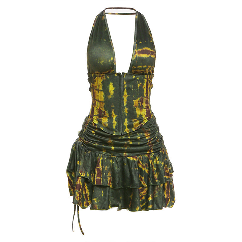 Damen Halterneck Mini-Kleid mit Raffung und verziertem Saum R&B