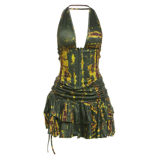 Damen Halterneck Mini-Kleid mit Raffung und verziertem Saum R&B