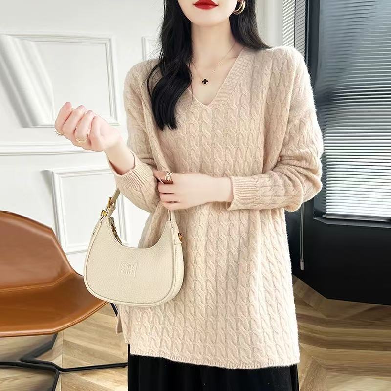 Damen Grobstrickpullover mit V-Ausschnitt und lässigem Schnitt R&B