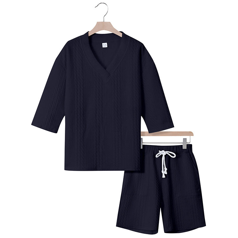 Unisex nan lässiges Lounge-Set mit V-Ausschnitt-Oberteil und Kordelbund-Shorts R&B