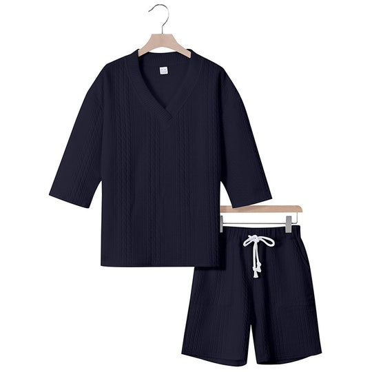 Unisex nan lässiges Lounge-Set mit V-Ausschnitt-Oberteil und Kordelbund-Shorts R&B