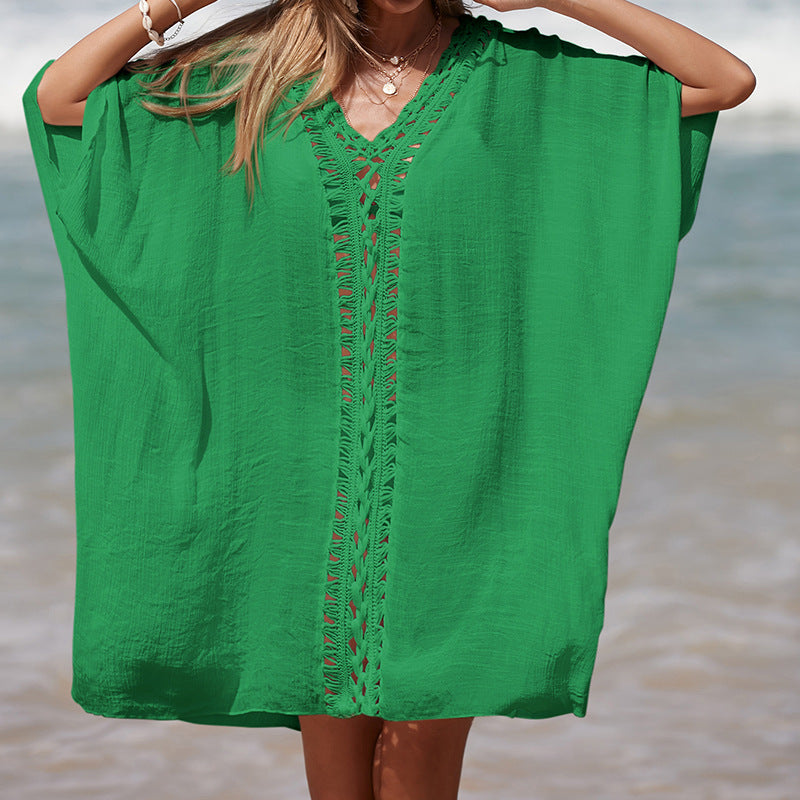 Damen eleganter Strandponcho mit raffinierten Häkelakzenten und tiefem V-Ausschnitt R&B