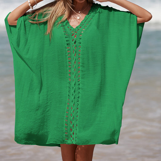 Damen eleganter Strandponcho mit raffinierten Häkelakzenten und tiefem V-Ausschnitt R&B