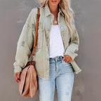Damen nan oversized Jeansjacke mit Fransen, distressed Details und Druckknöpfen R&B