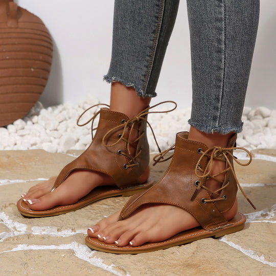 Damen Offene Zehentrenner Sandalen mit Leder-Obermaterial und Schnürung R&B