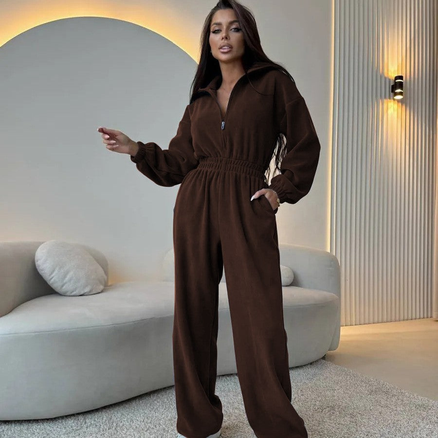 Damen lässiger Jumpsuit mit hohem Kragen und verstellbarem Bund R&B