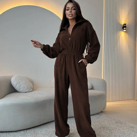 Damen lässiger Jumpsuit mit hohem Kragen und verstellbarem Bund R&B