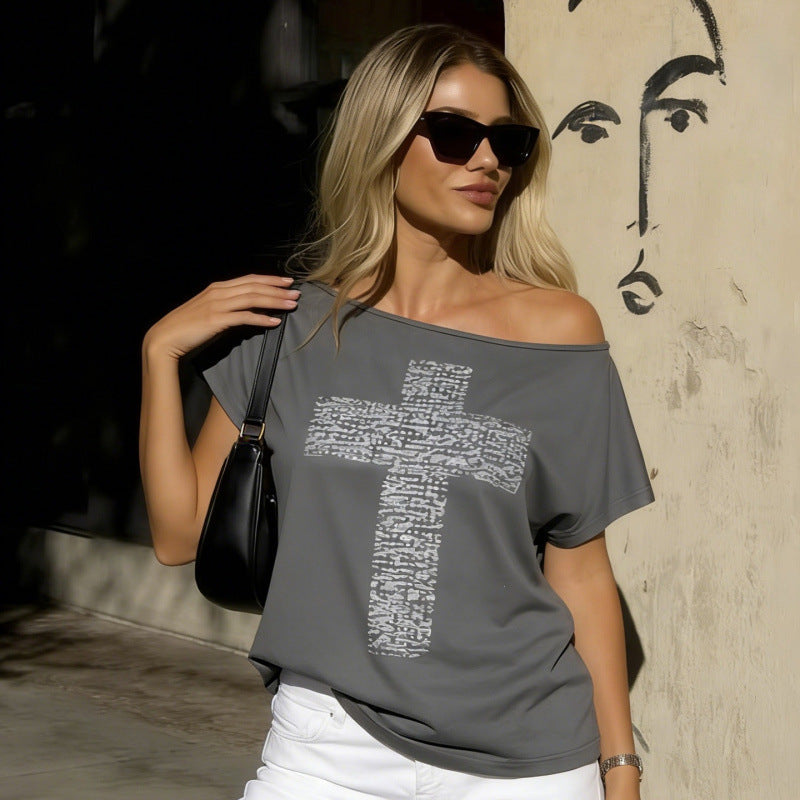 Damen Off-Shoulder Shirt mit Kreuzmotiv R&B
