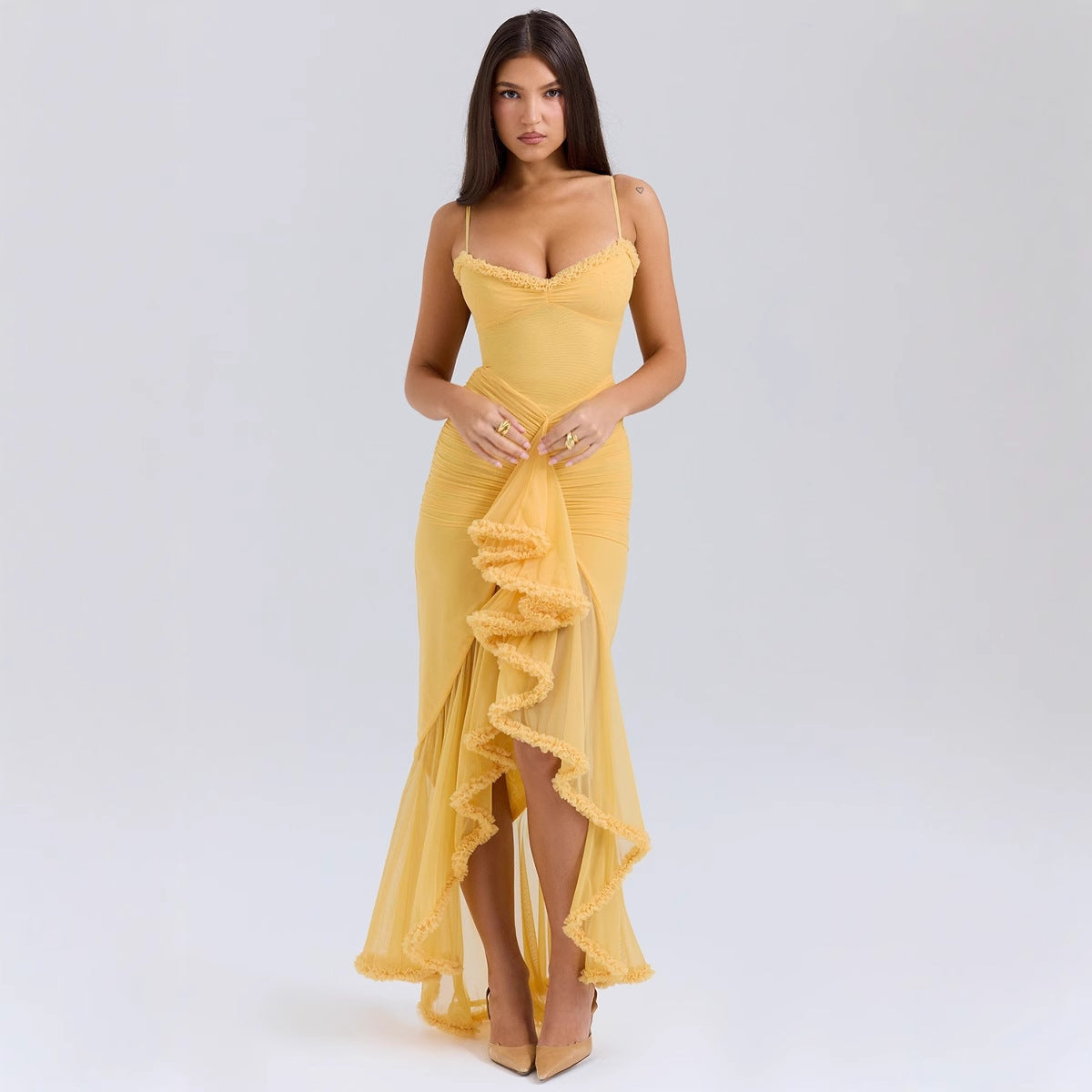 Damen Elegantes Maxikleid mit Rüschendetails und femininem Schnitt R&B
