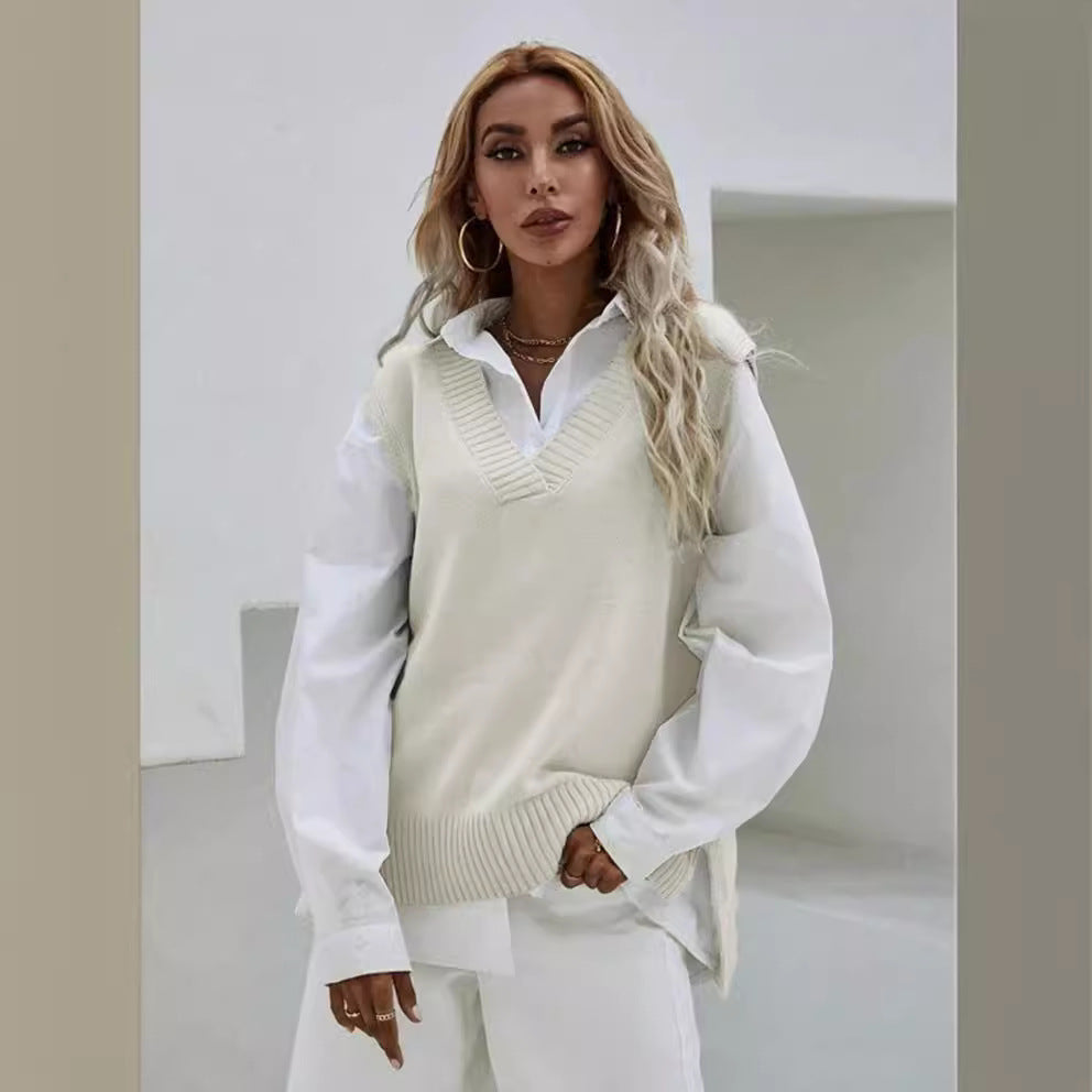 Damen Strickweste mit V-Ausschnitt und feinen Rippstrukturen R&B