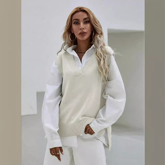 Damen Strickweste mit V-Ausschnitt und feinen Rippstrukturen R&B