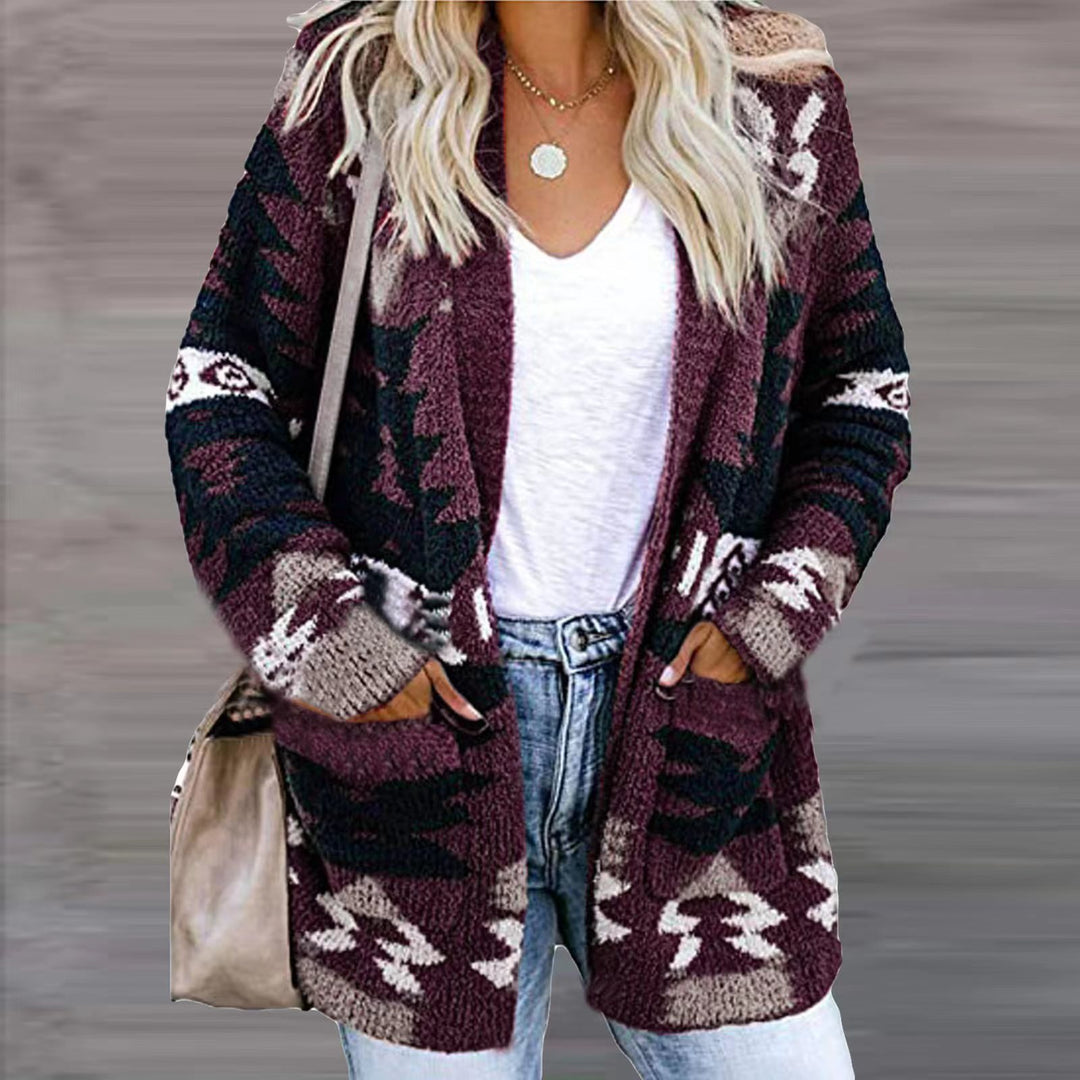 Damen Strickjacke im modernen Ethno-Design mit aufgesetzten Taschen und lässigem Schnitt R&B