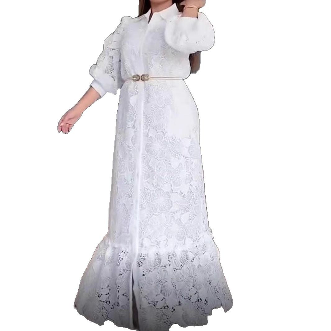 Damen nan Maxikleid aus Häkelspitze mit Hemdkragen und Puffärmeln R&B