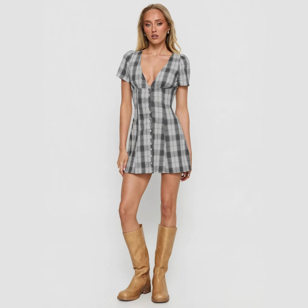 Damen Volantkleid mit V-Ausschnitt und Knopfleiste R&B