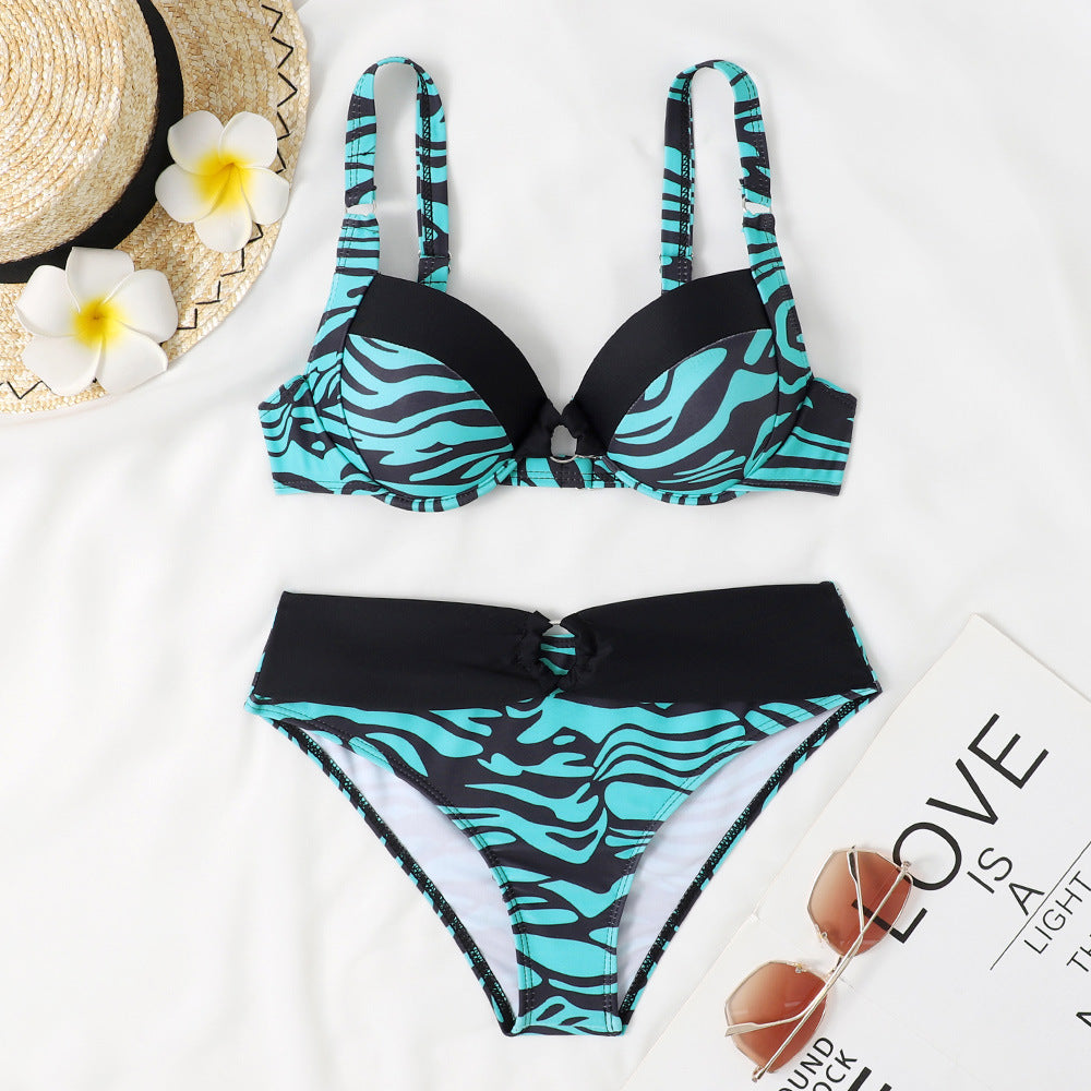 Damen Bikini-Set mit modernem Tierdruck und formendem Push-Up-Oberteil R&B
