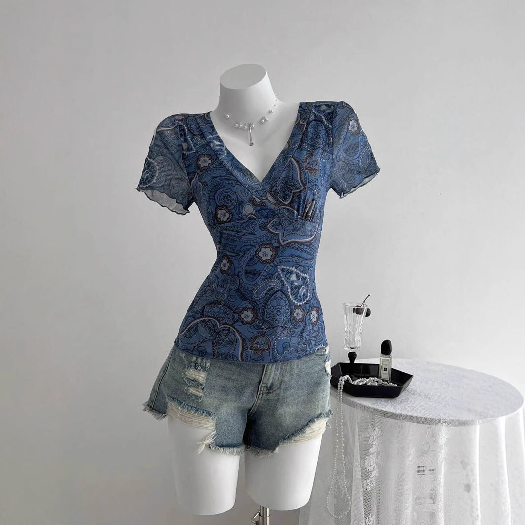 Damen V-Ausschnitt Oberteil mit transparenten Puffärmeln und floralem Druck R&B
